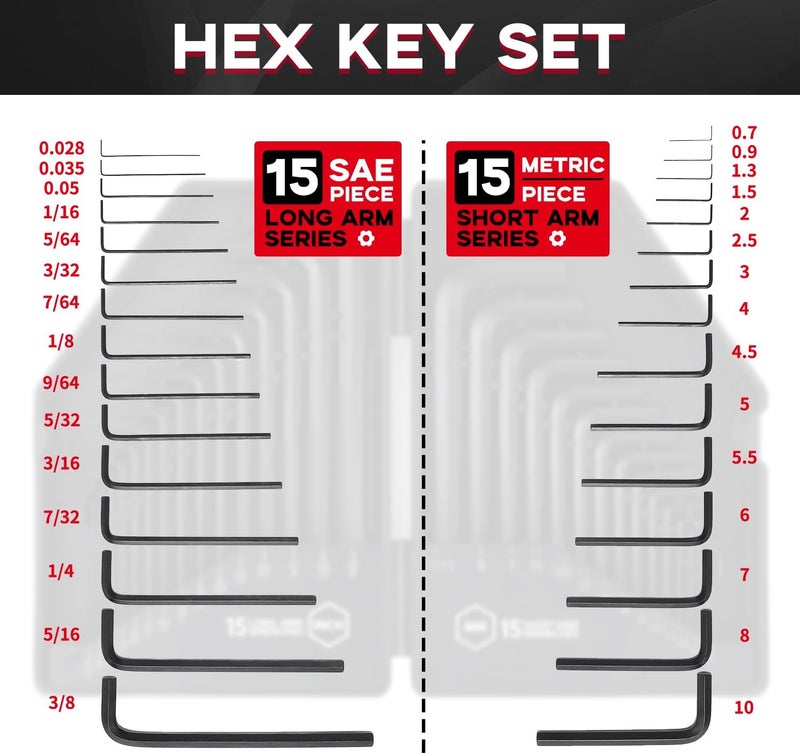 Reniteco 30 PCS Hex Head Key Allen Wrench Tool Set Organizer Kit Alloy Steel L Shape Black Metric (0.7-10 mm) SAE (0.028"-3/8") Standard In Storage Case Long Short Arm - Image 2